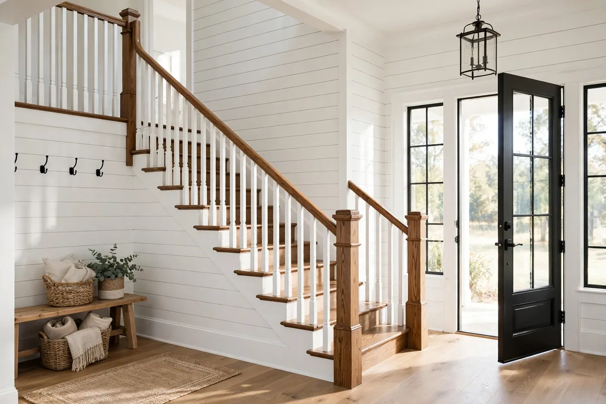 Classic farmhouse staircase with white painted spindles and stained oak handrail