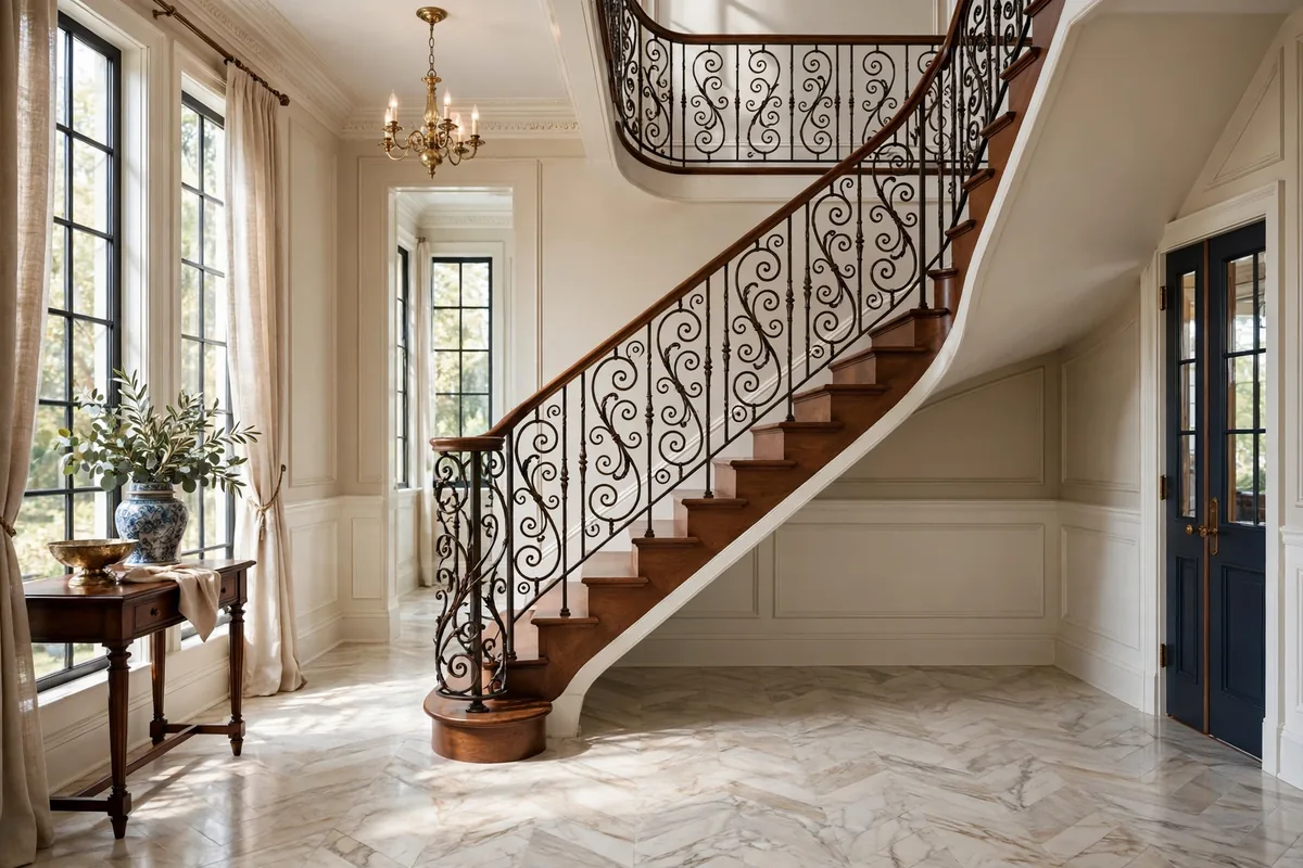 Elegant staircase railing with wrought iron scrollwork balusters in oil-rubbed bronze