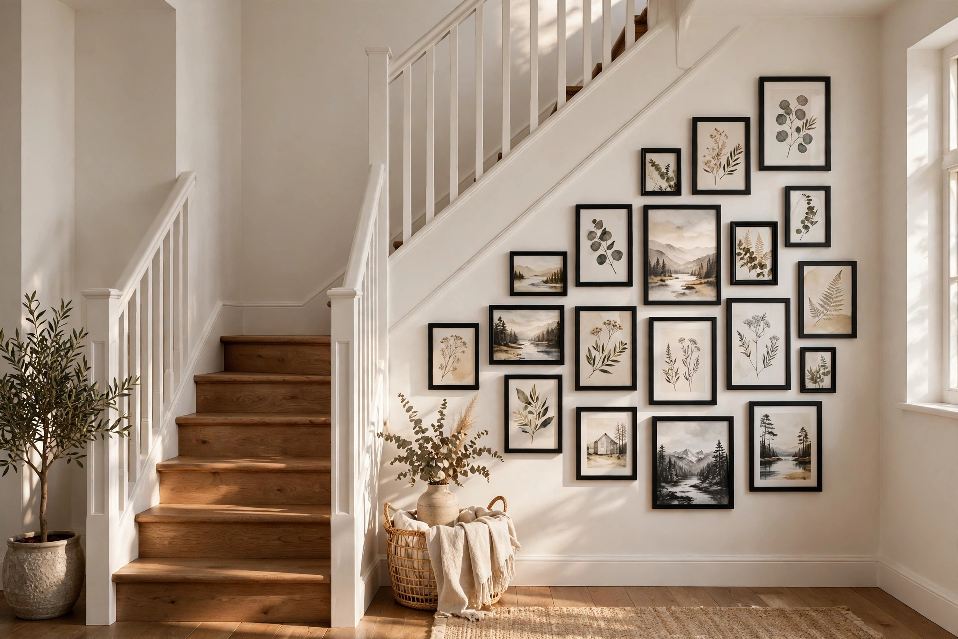 Cascading gallery wall of framed botanical art climbing the stairwell wall