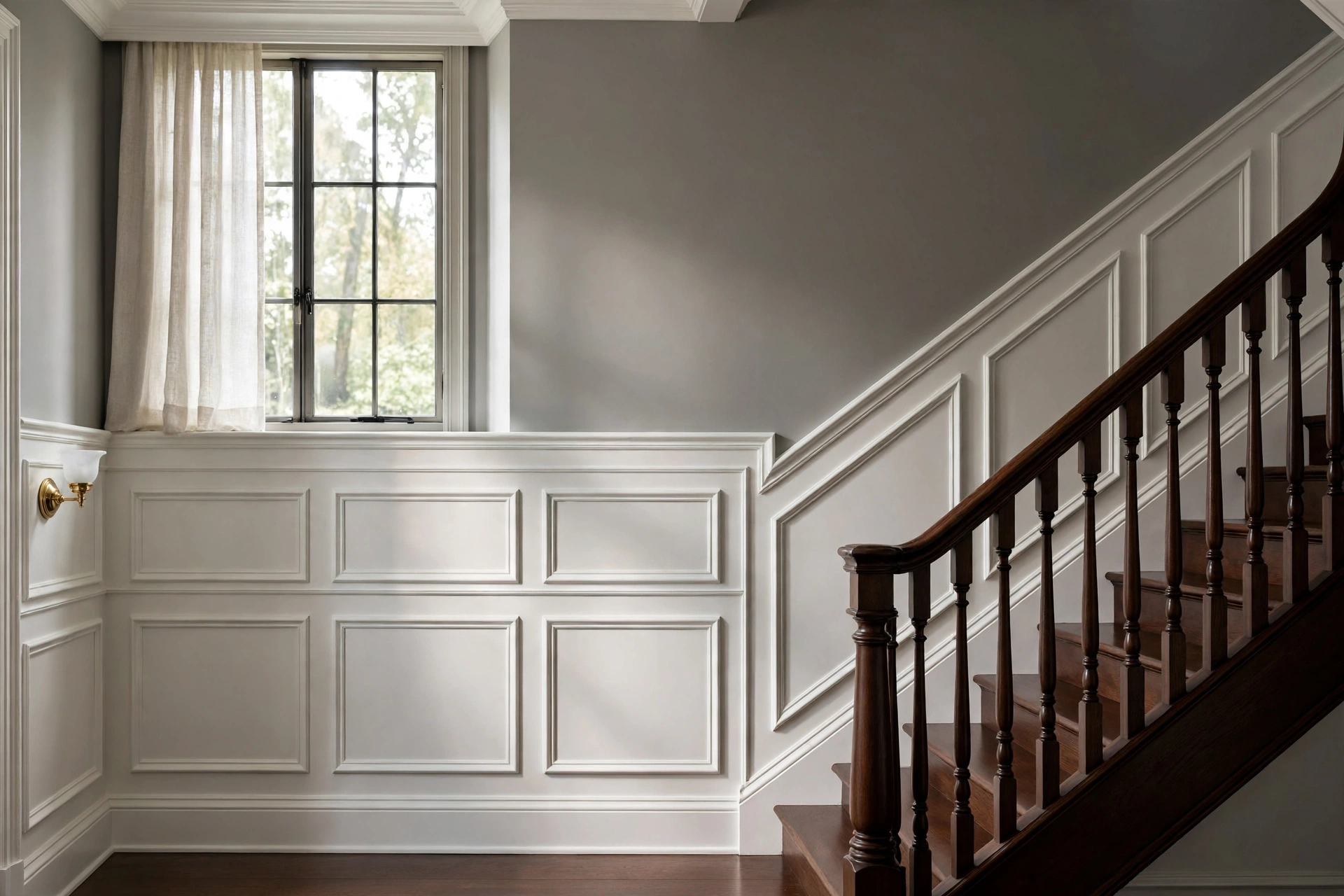 Stairwell wall upgraded with white picture-frame moulding panels