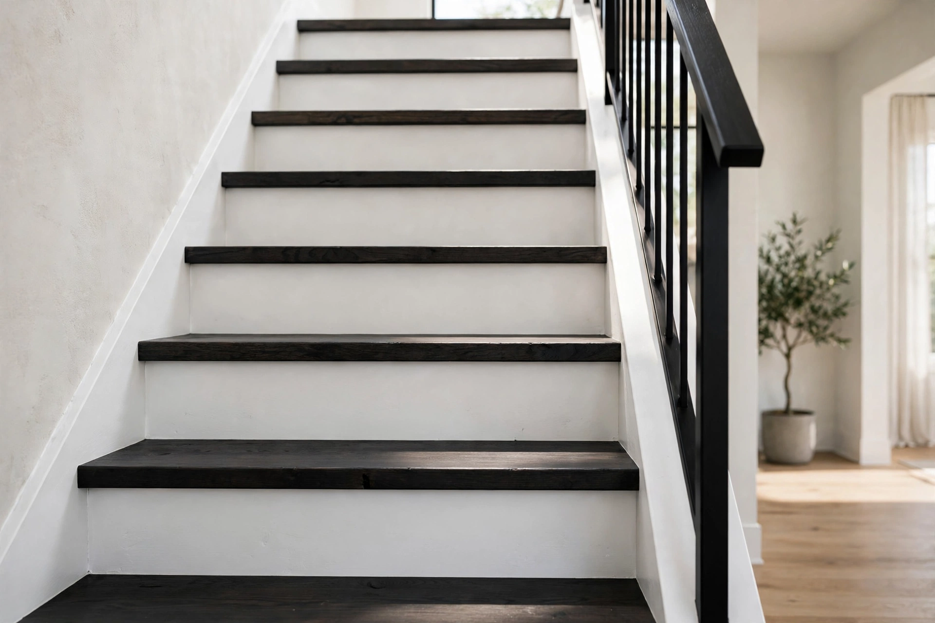 Two-tone painted staircase with white risers and dark charcoal stained treads