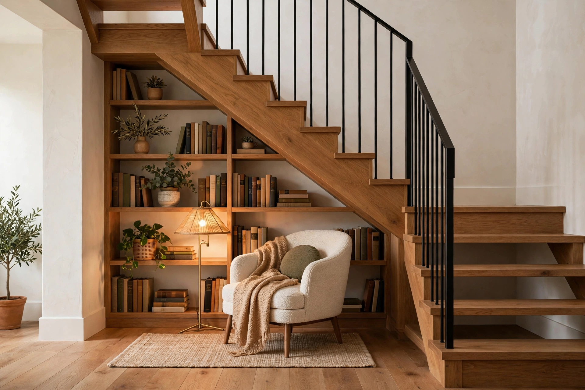 Cosy under-stair nook with bookshelves, reading chair and warm lamp