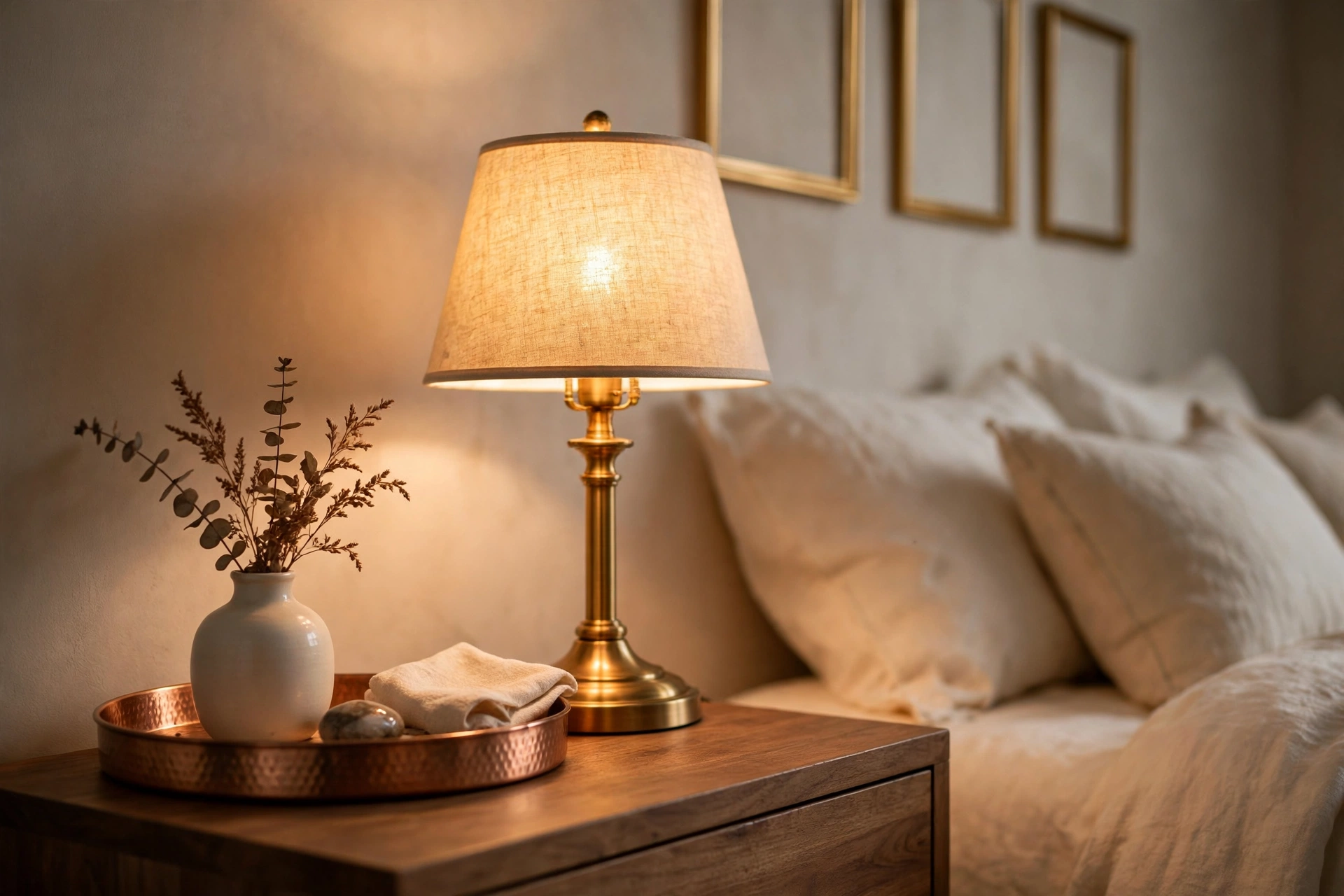 Bedroom nightstand vignette with glowing brass table lamp, gold picture frames and brushed copper tray