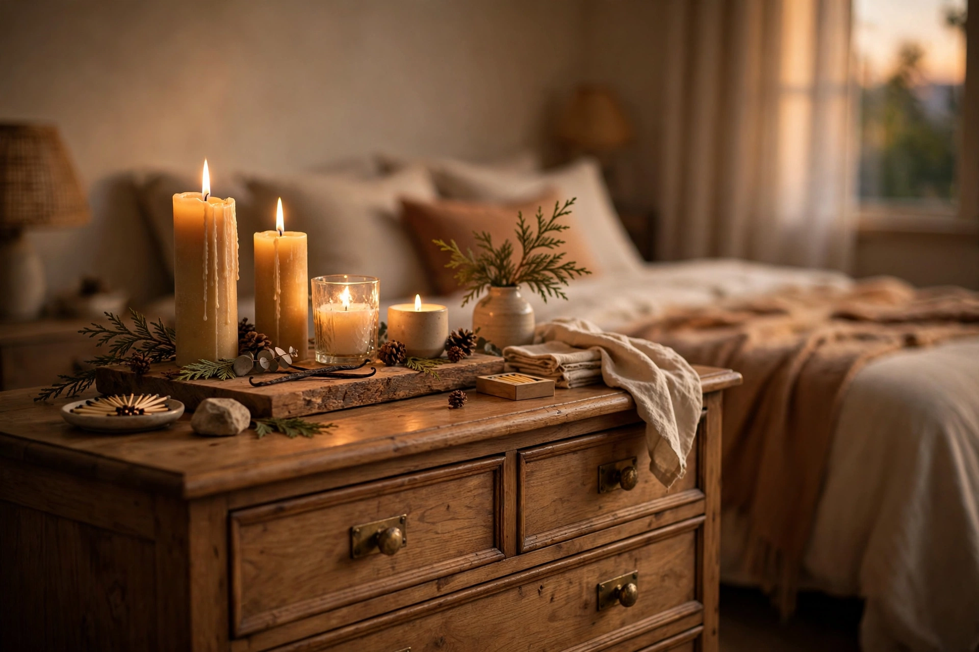 Bedroom dresser styled with candles of different heights on a wooden tray, warm bed blurred in the background