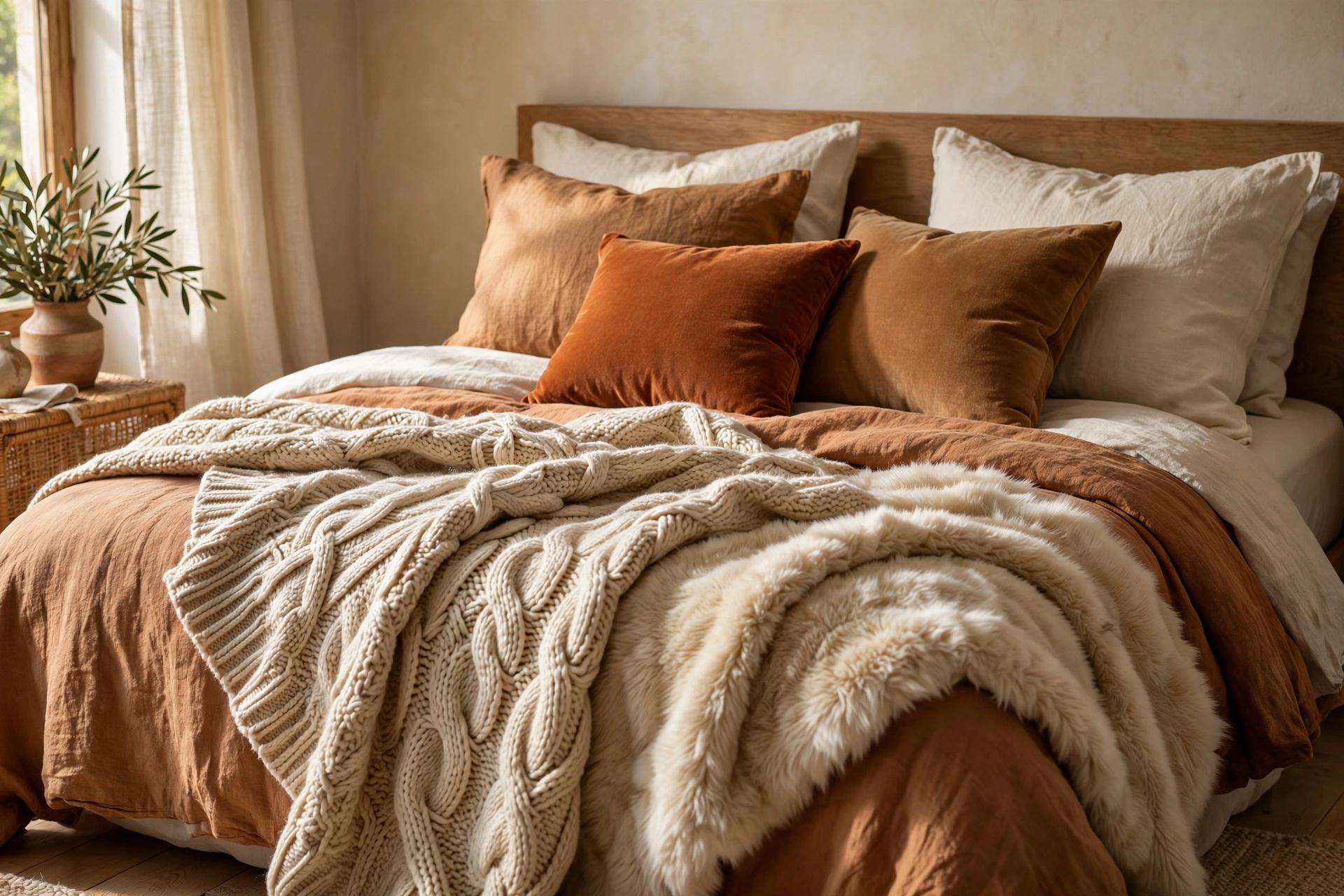 Bed styled with chunky knit throw, velvet cushions and faux fur throw in cream, caramel and rust tones
