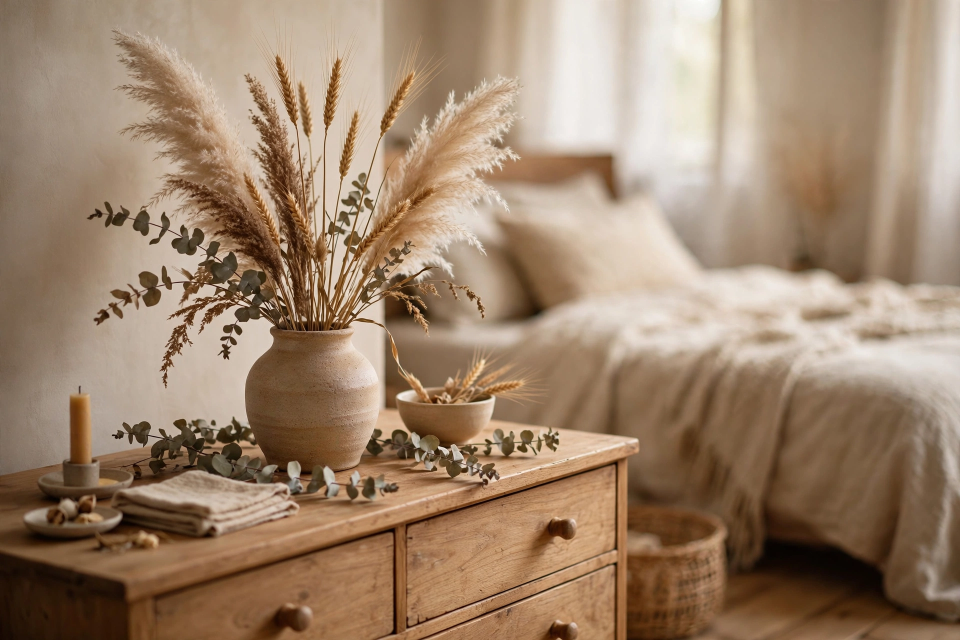 Bedroom dresser styled with dried pampas grass and wheat stems in a stoneware vase, warm beige tones