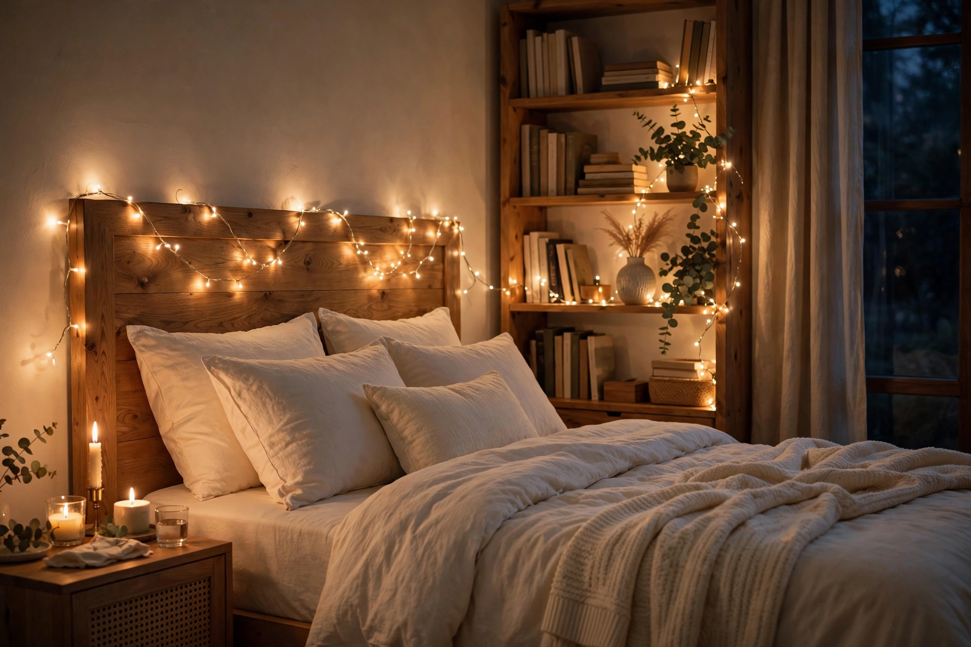 Warm bedroom at night with warm-white fairy lights draped along the headboard and bookshelf, candles on the nightstand
