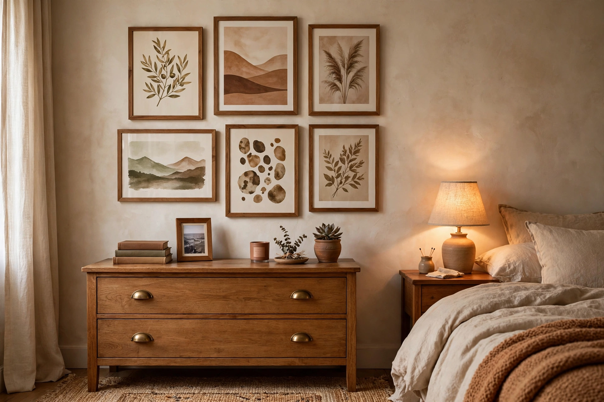 Warm bedroom gallery wall of earthy art prints in wooden frames above a dresser with books and lamp glow