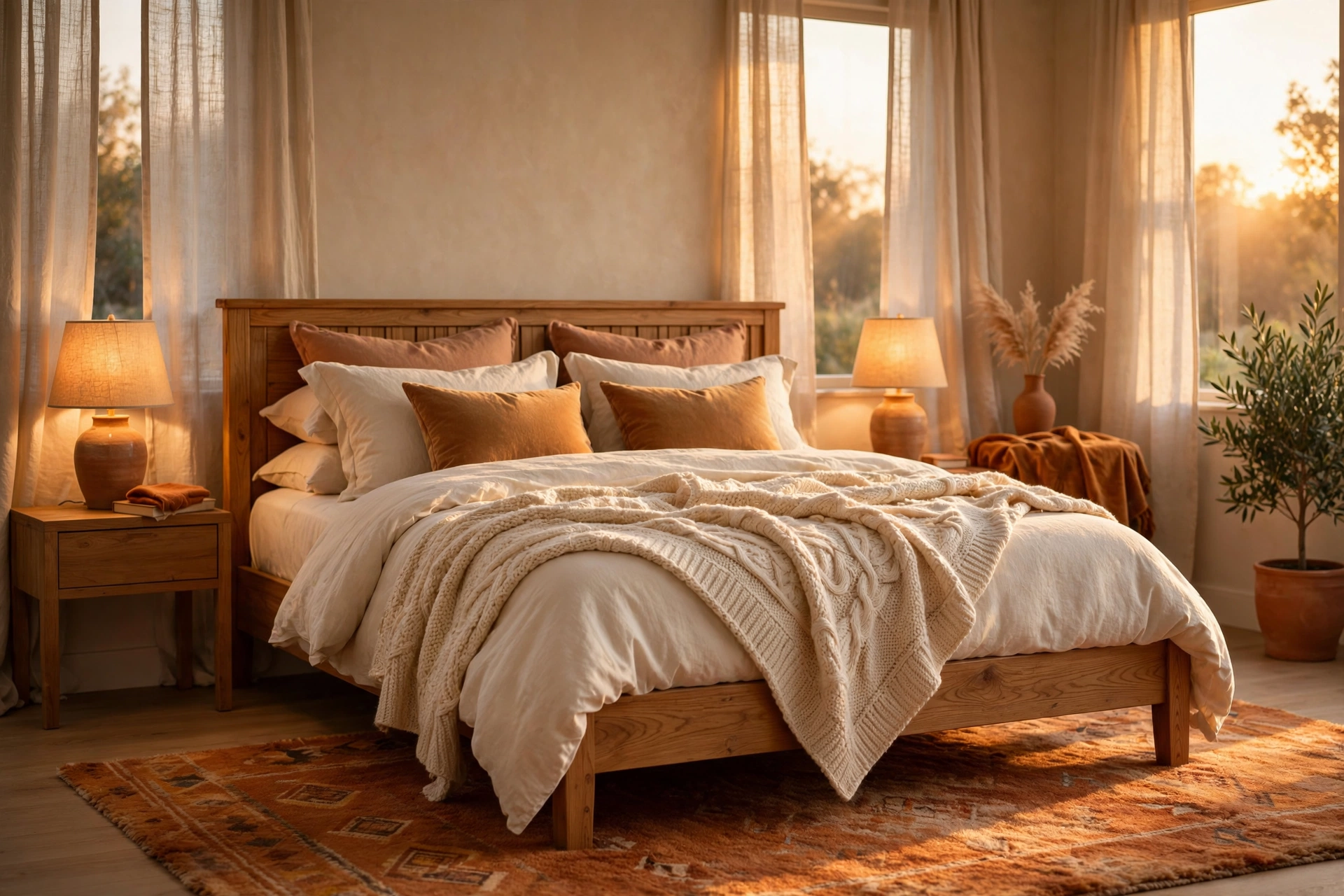Warm bedroom with wooden bed frame, layered cream bedding, chunky knit throw, glowing bedside lamps and sheer linen curtains in golden light