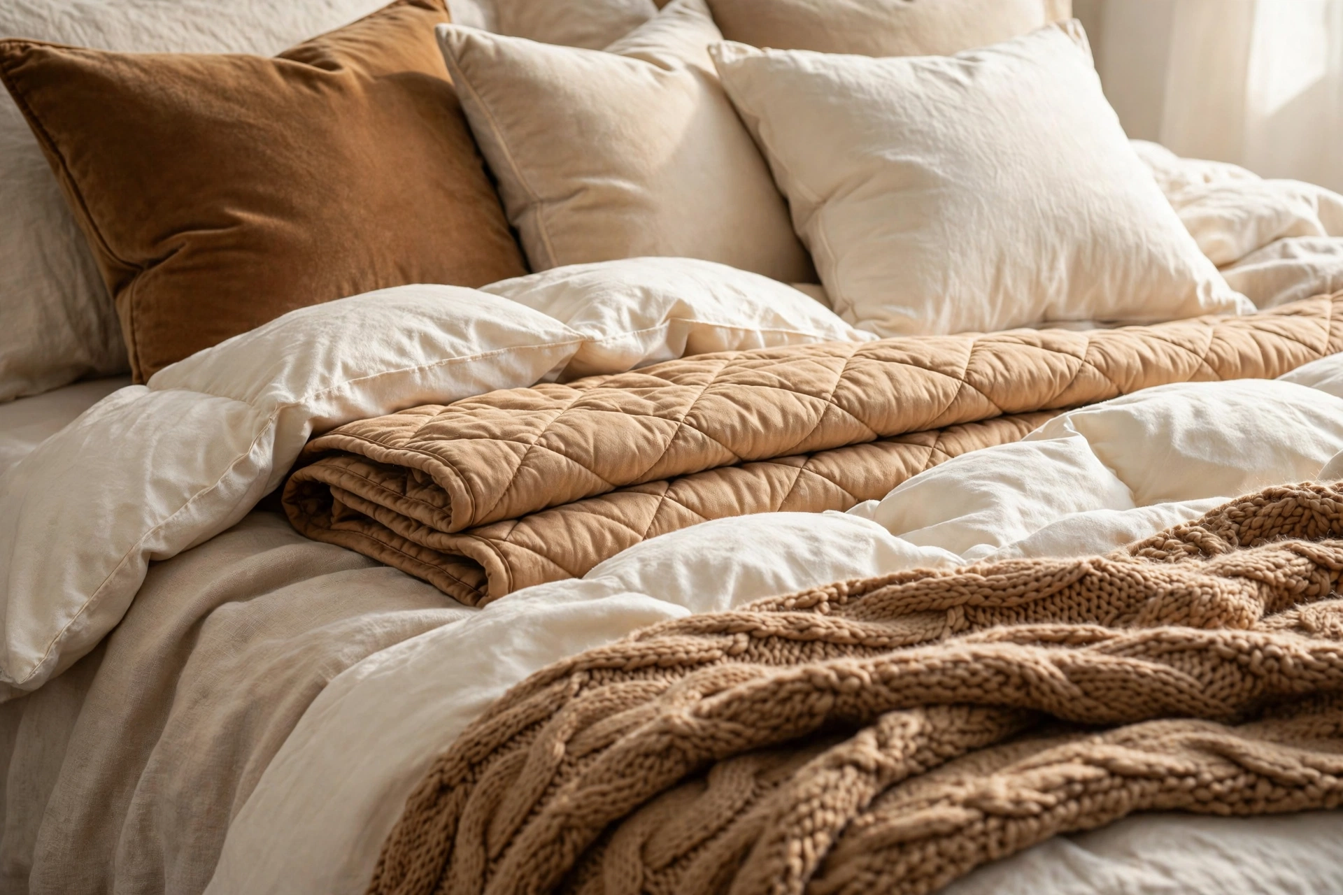 Close-up of layered bedding in a warm bedroom: linen sheets, fluffy duvet, folded quilt and chunky knit throw with cream and caramel pillows