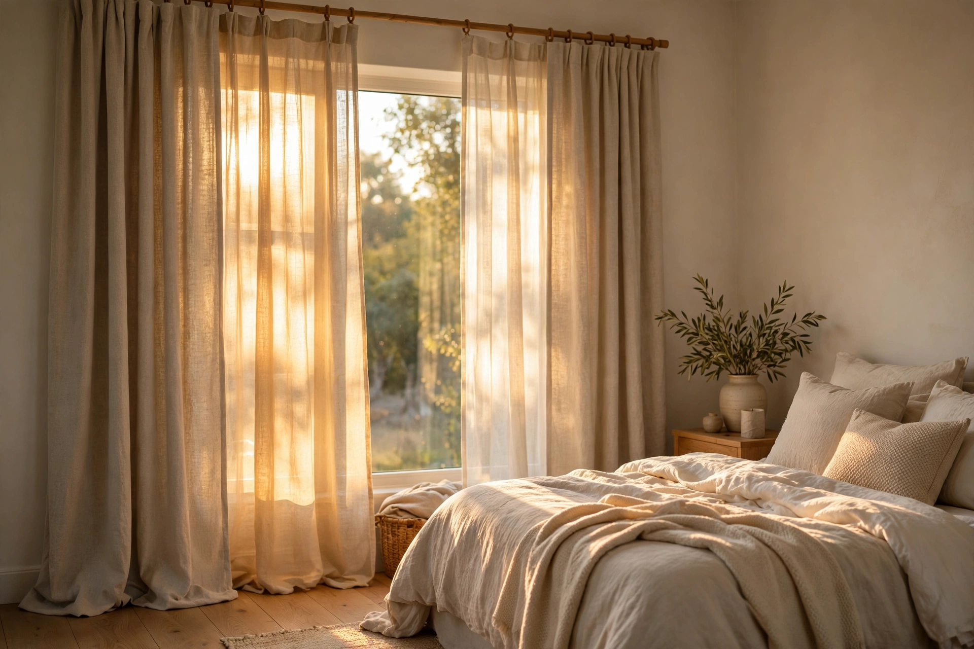 Bedroom window with floor-length oatmeal linen curtains filtering golden sunlight beside a cozy bed