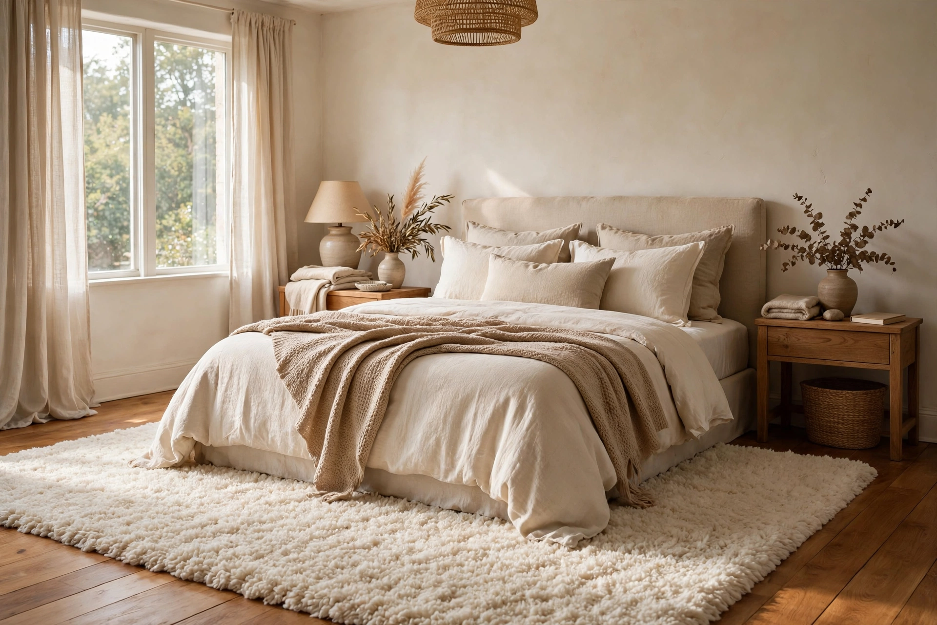 Plush cream high-pile rug extending around a bed with layered neutral bedding in a warm bedroom