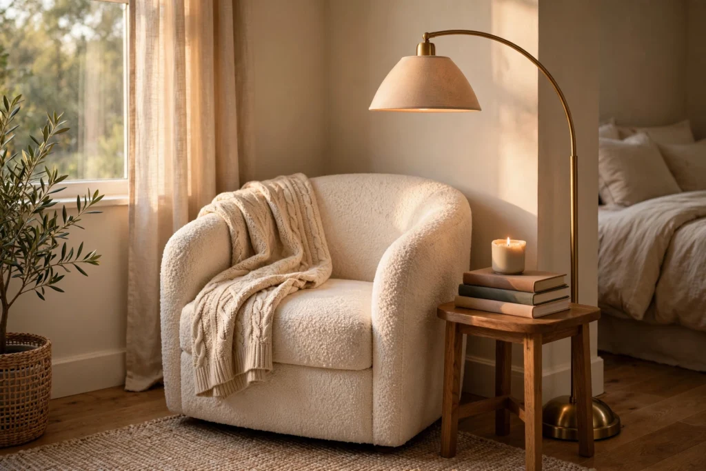 Cozy bedroom reading nook with boucle armchair, warm floor lamp, side table with books and candle
