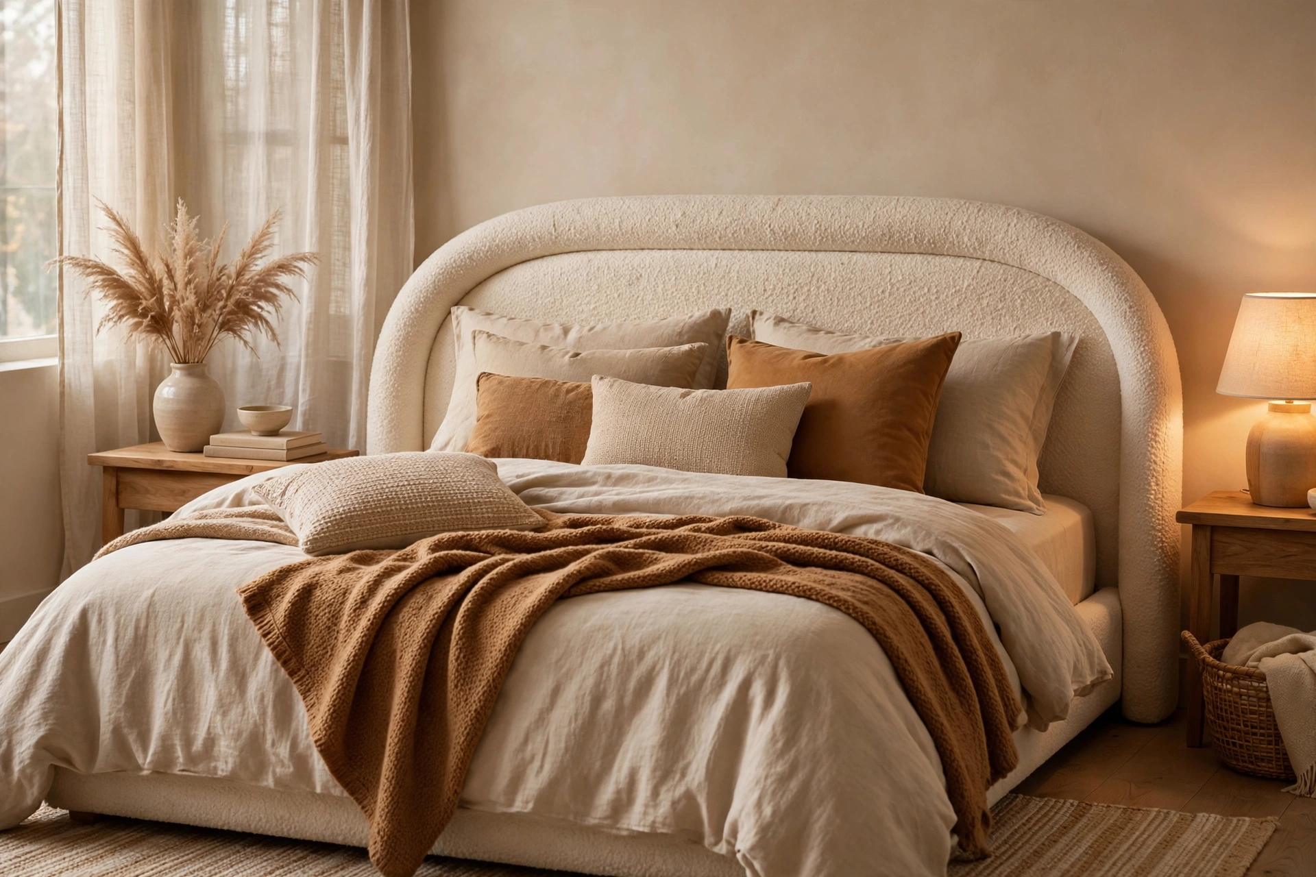Warm bedroom with curved cream boucle upholstered headboard, layered caramel and beige pillows, bedside lamp glow