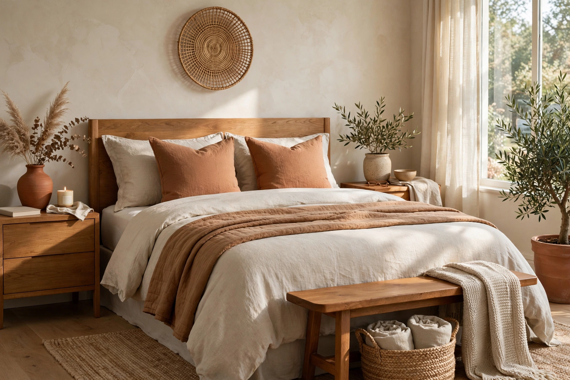 Bedroom decorated in a warm neutral colour palette with cream walls, beige bedding, caramel pillows and wooden furniture