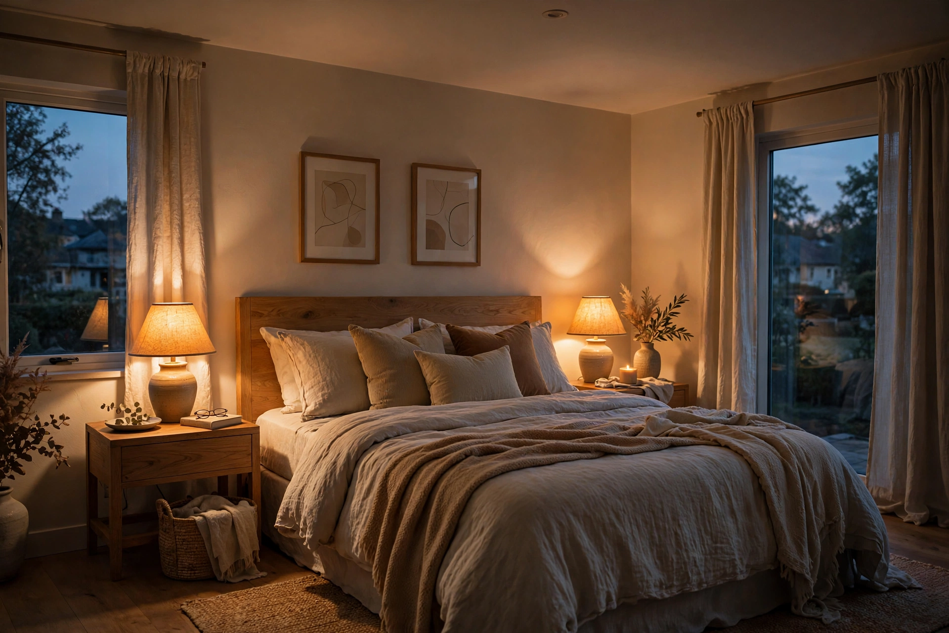 Cozy bedroom at dusk lit by warm-toned bedside lamps and soft amber ambient lighting
