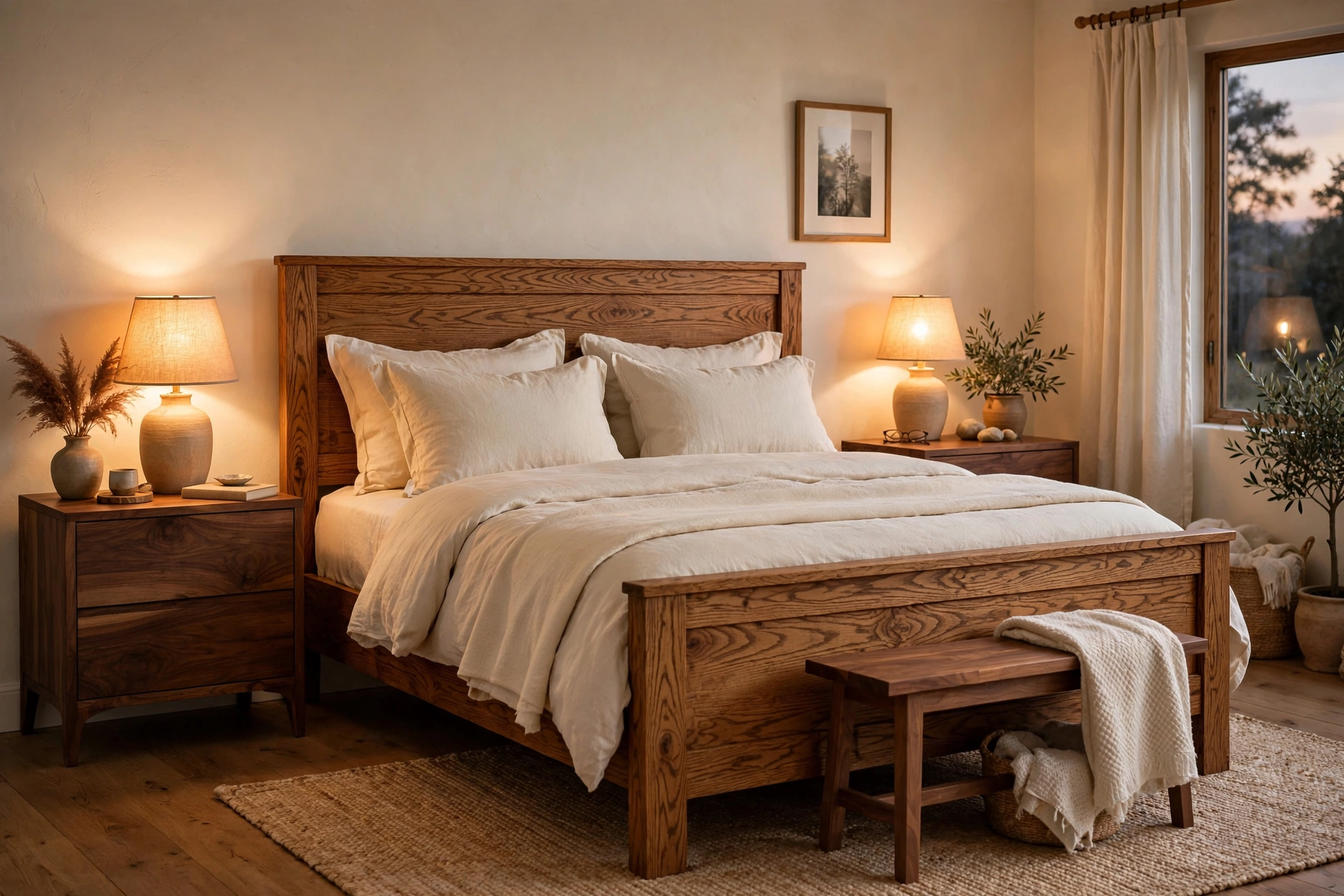 Warm bedroom with walnut nightstands, oak bed frame and wooden bench, cream bedding and glowing lamp