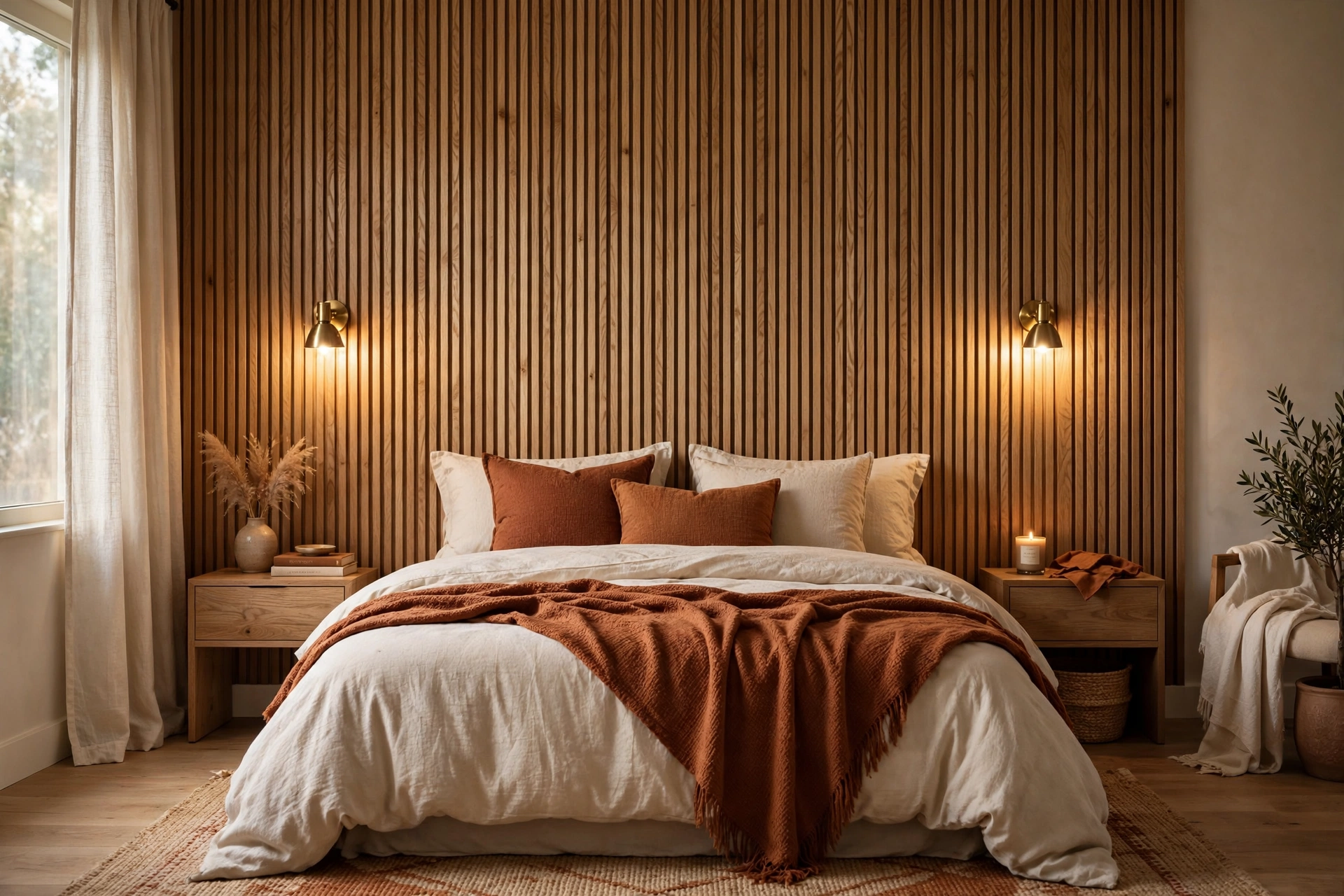 Warm bedroom with vertical wood-slat accent wall behind the bed, rust throw, brass wall sconces and wooden nightstands