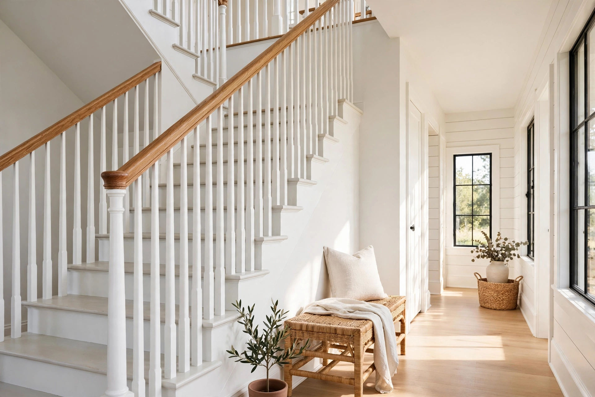 Farmhouse staircase with bright white painted spindles and natural oak handrail