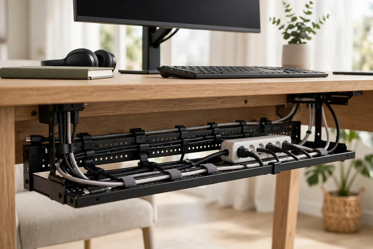 Tidy under-desk cable management tray with neatly routed cables and power strip