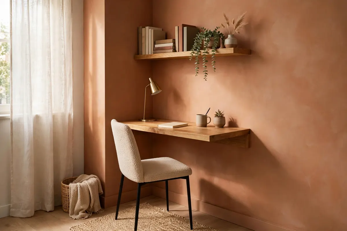 Compact corner work from home nook with floating desk and wall-mounted shelf