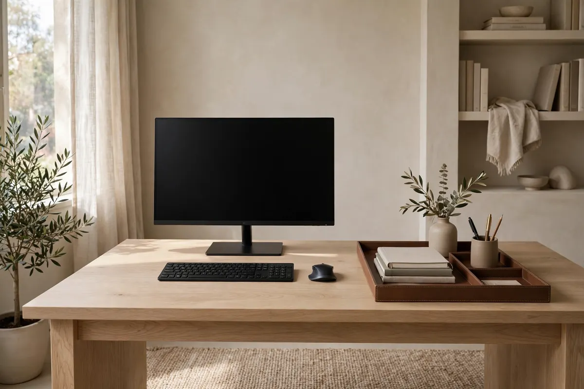 Home office desk zoned for deep work and admin with a central monitor area and side tray