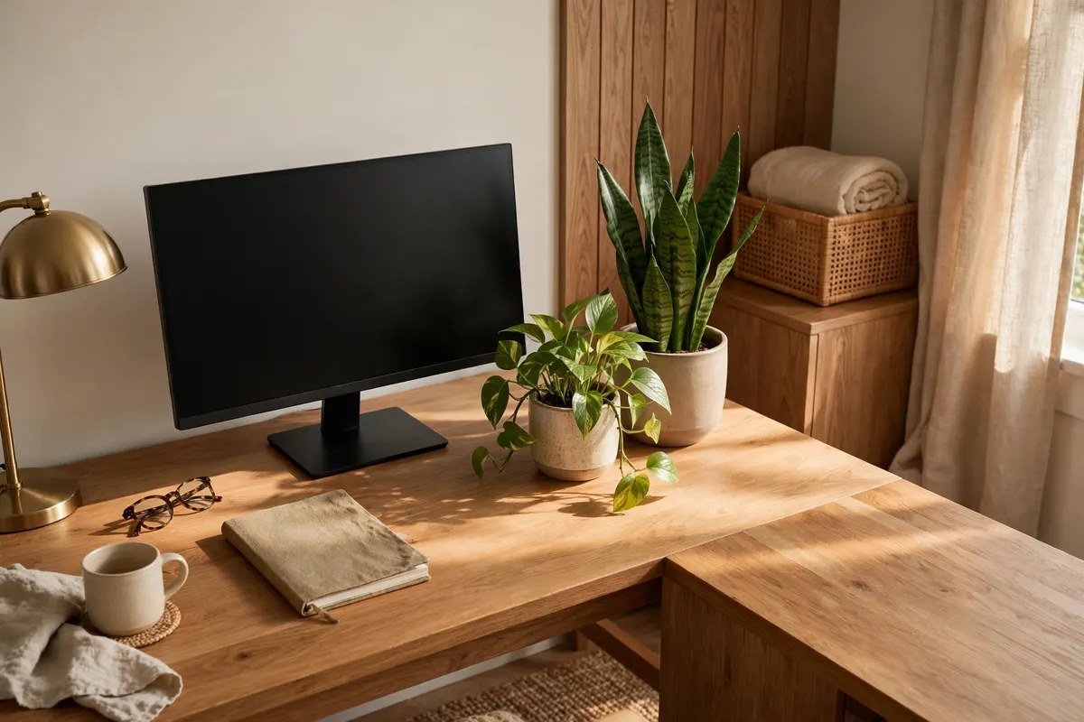 Work from home desk styled with small potted plants beside the monitor