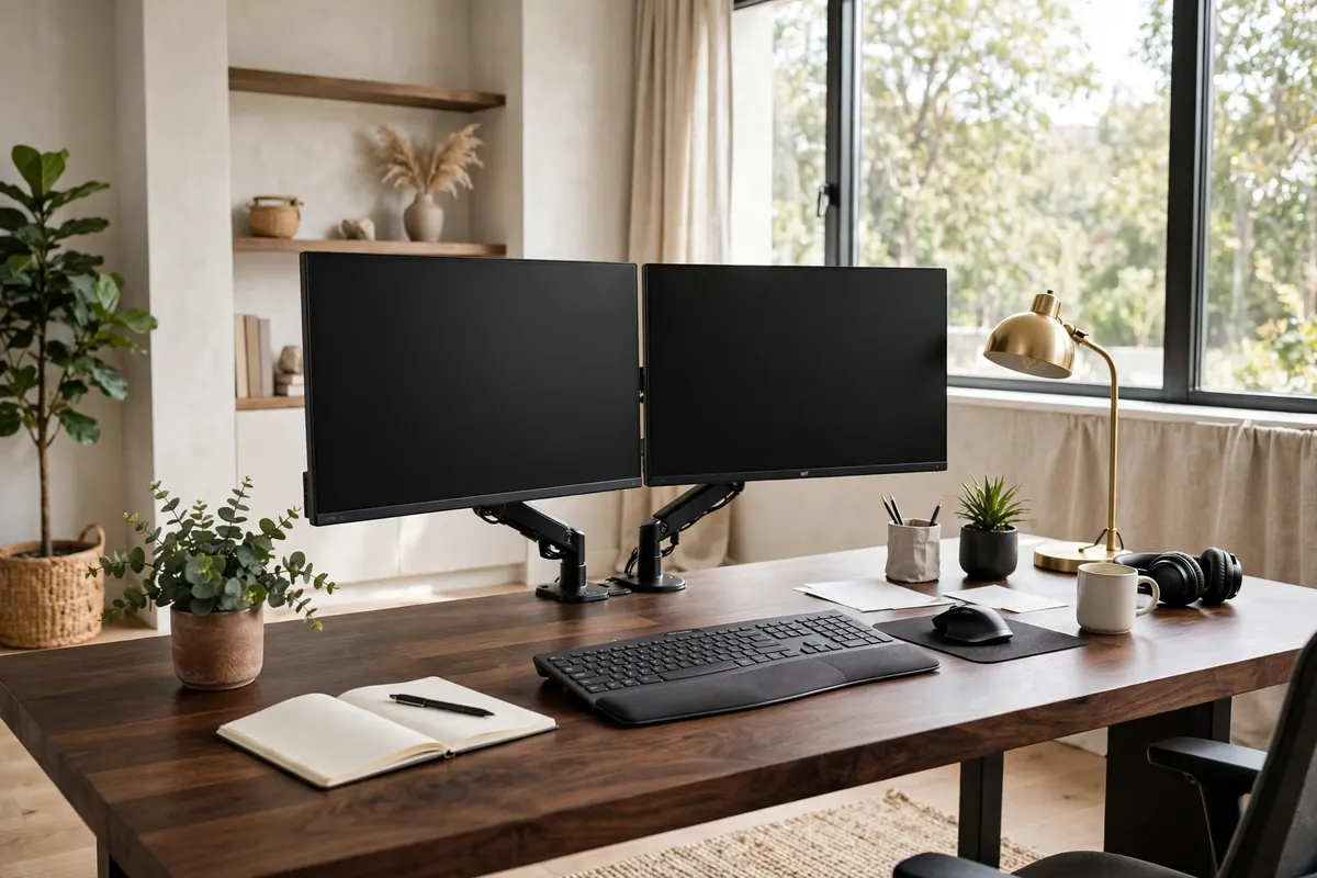 Productivity desk with dual monitors on adjustable arms in a bright home office