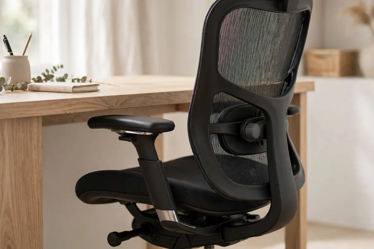 Ergonomic office chair with lumbar support and armrests at a light wood home office desk