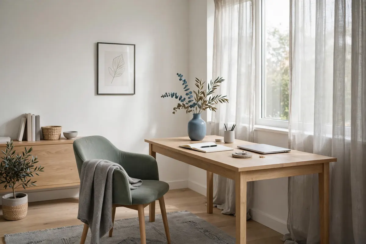 Calm home office in a focus-friendly palette of warm white, oak and sage green