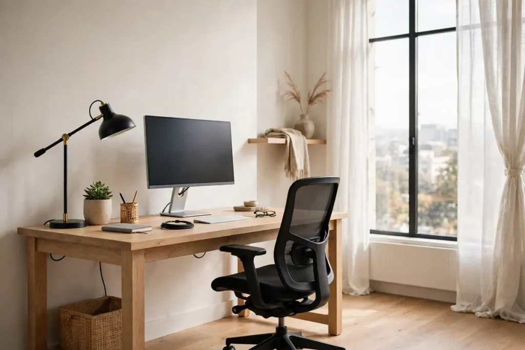 Bright ergonomic work from home desk setup by a large window with an office chair and desk lamp