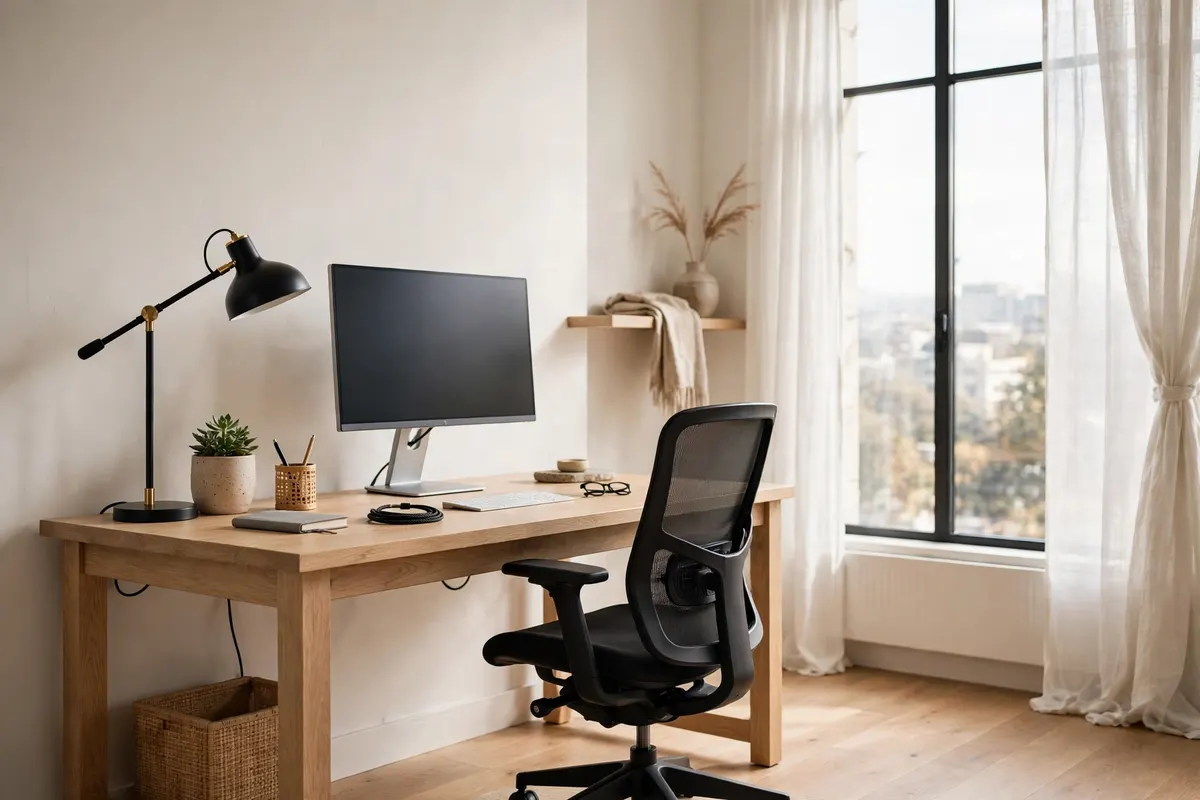 Bright ergonomic work from home desk setup by a large window with an office chair and desk lamp