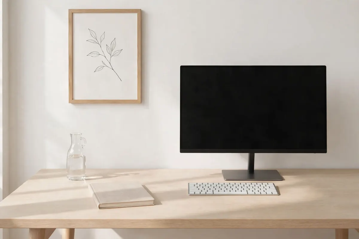 Minimalist clutter-free work from home desk with only the essentials