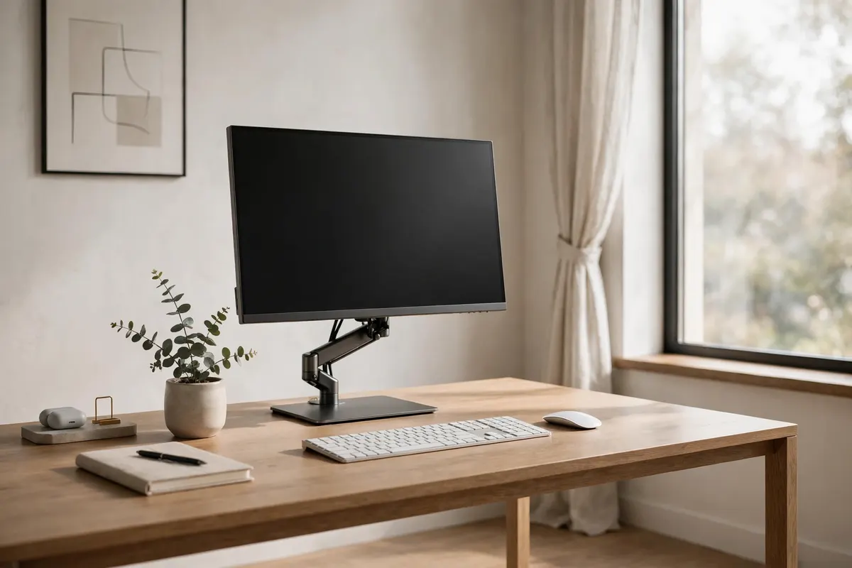 Home office monitor raised on an adjustable stand to true eye level with wireless keyboard
