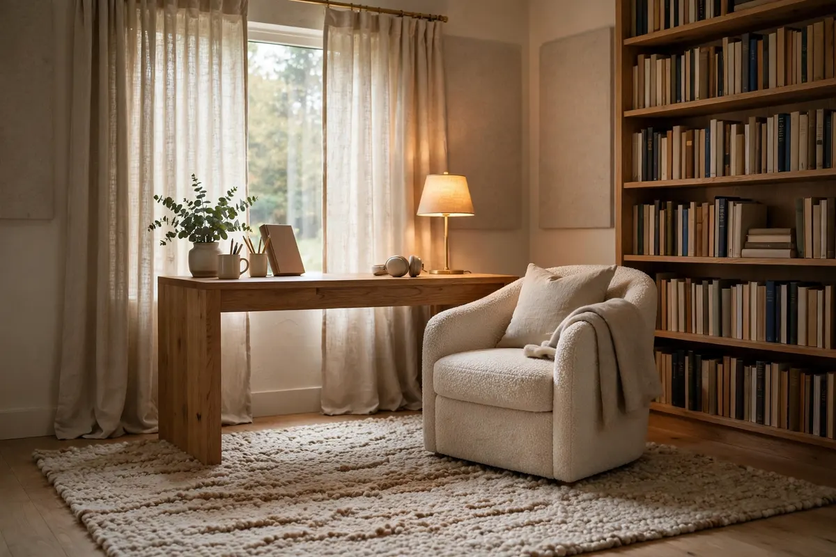 Quiet home office corner with a rug, curtains and bookshelf softening the sound