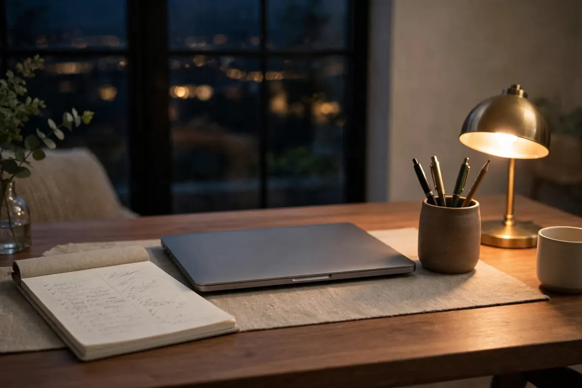 Tidy home office desk at the end of the day with closed laptop and notepad