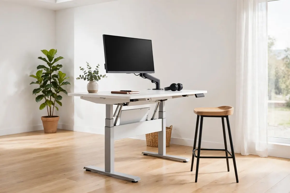 Height-adjustable standing desk in raised position in a bright home office