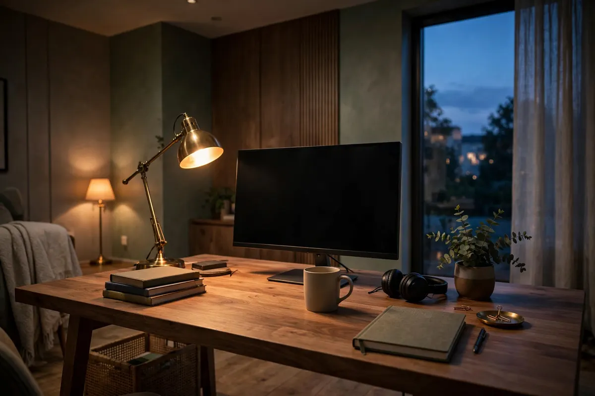 Home office desk at dusk with layered warm task lighting from a brass lamp