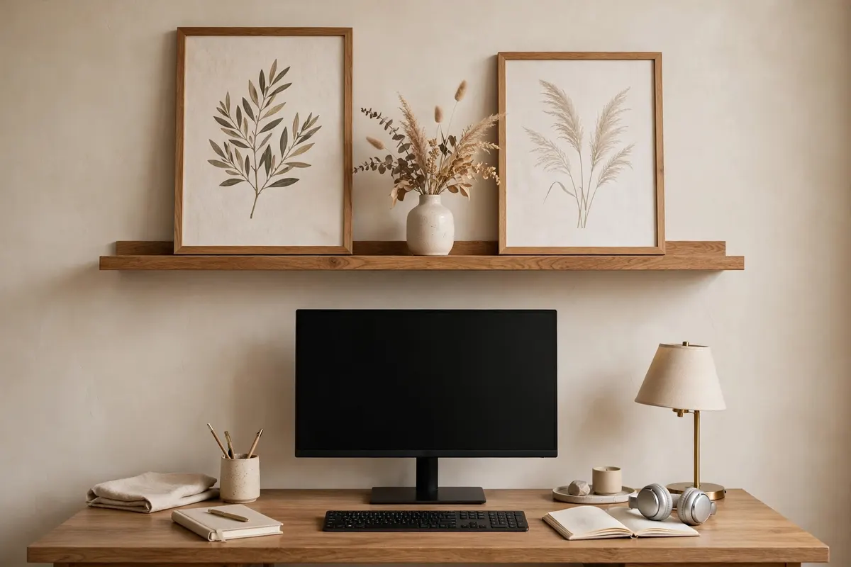 Styled home office wall with floating shelf and art as a video call backdrop