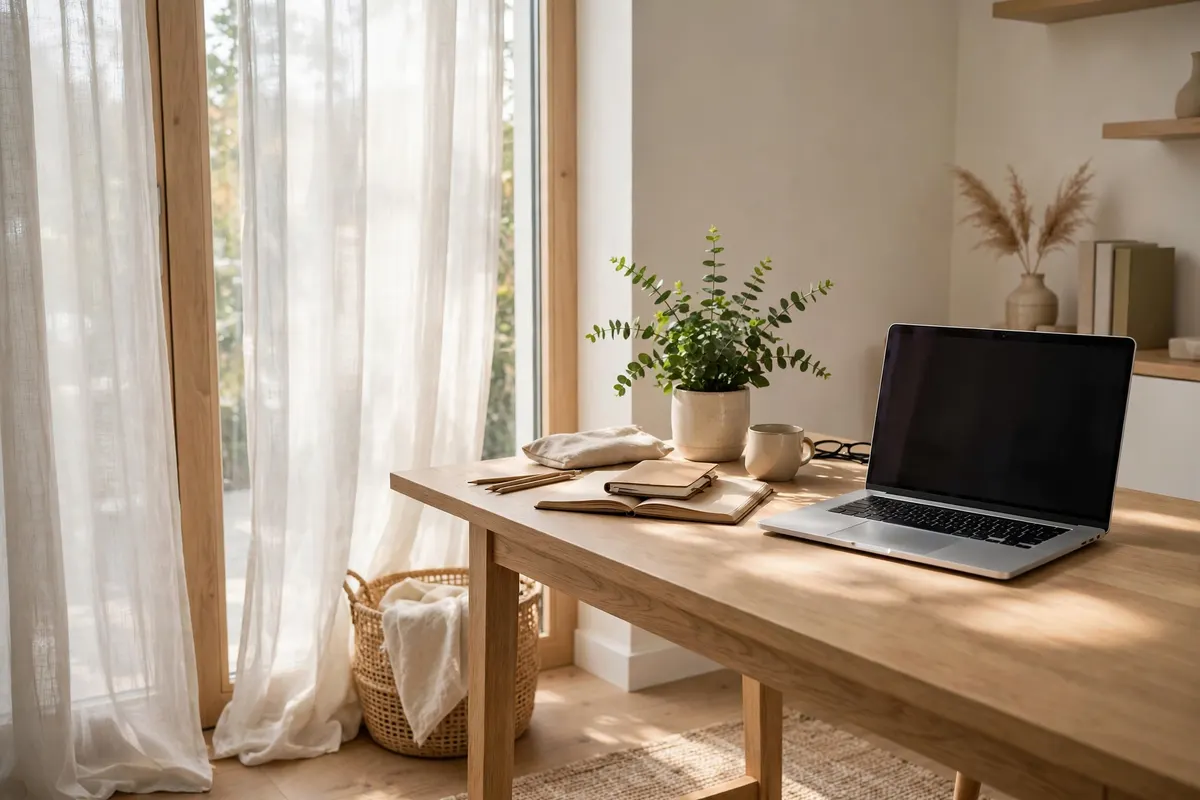 Work from home desk placed beside a tall window with soft natural daylight